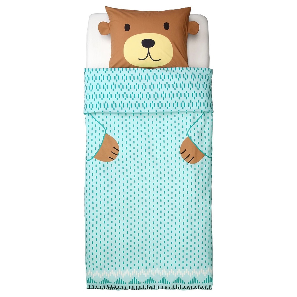 Ikea KÄPPHÄST Twin duvet cover and pillowcase, bear turquoise/Cotton BRAND NEW